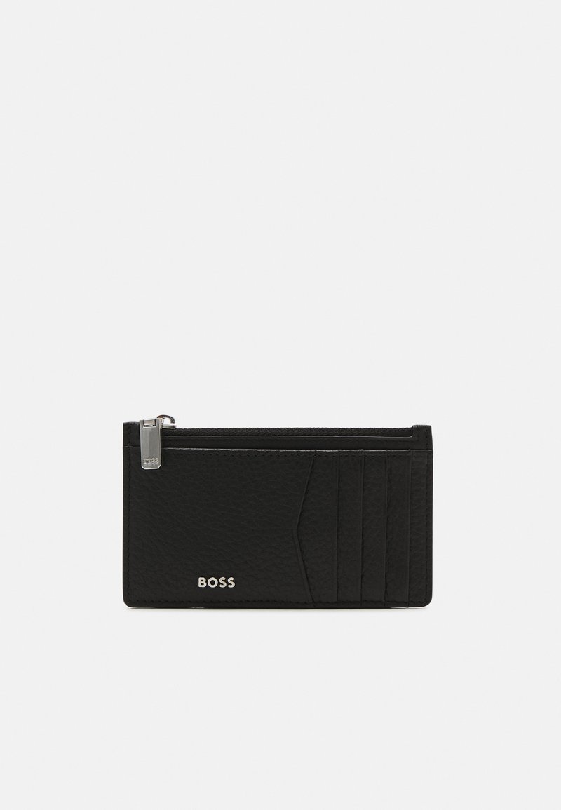 Black leather cardholder with textured finish, one zippered compartment, five slots for cards, and a subtle logo on the front.