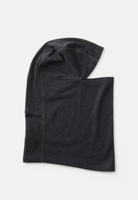 Zwarte stoffen balaclava met een naadloos ontwerp, voorzien van een zachte textuur en een aansluitende vorm die het hoofd en de nek bedekt.