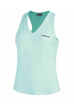 Haut de sport sans manches bleu clair avec col en V et logo "HEAD" sur la poitrine, conçu pour une utilisation athlétique.