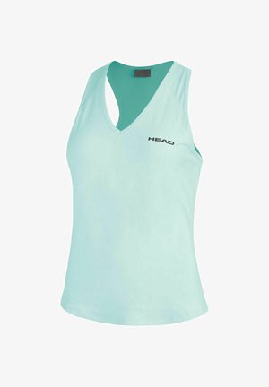 Lichtblauw mouwloos sporttopje met V-hals en "HEAD"-logo op de borst, ontworpen voor atletisch gebruik.