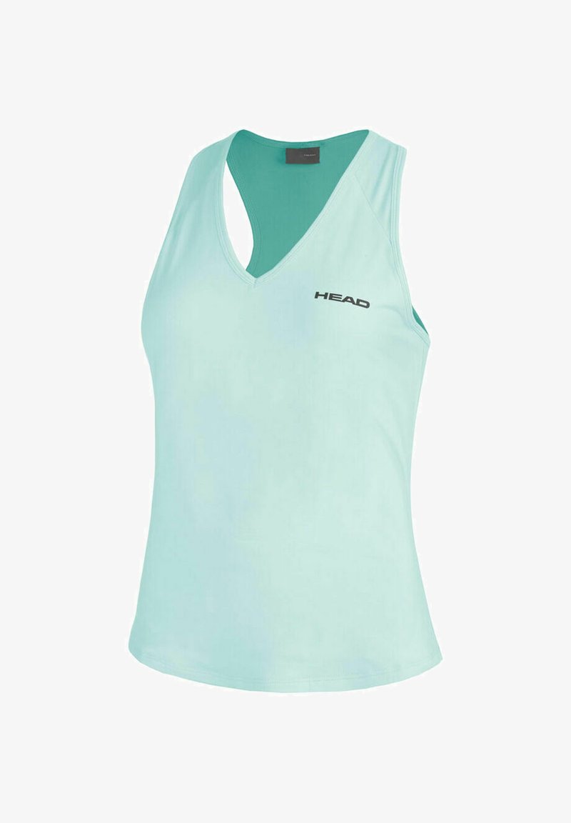 Camiseta deportiva sin mangas de color azul claro con escote en V y logo "HEAD" en el pecho, diseñada para uso atlético.