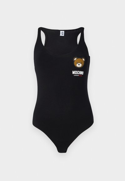 Svart baddräkt med scoop-halsringning, tunna remmar och en björngrafik med "Moschino Underbear" text på framsidan.