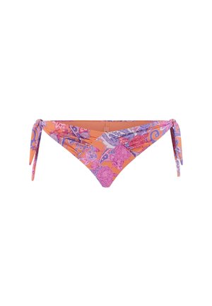 Bikini bottom in orange with purple floral and paisley patterns. Features tie sides and a V-shaped front design. Smooth fabric texture.