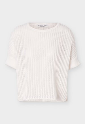 Valge lühikeste varrukatega kudumiskampsun soonilise mustriga ja ümar kaelusega, sees kaeluses Marc O'Polo bränd.