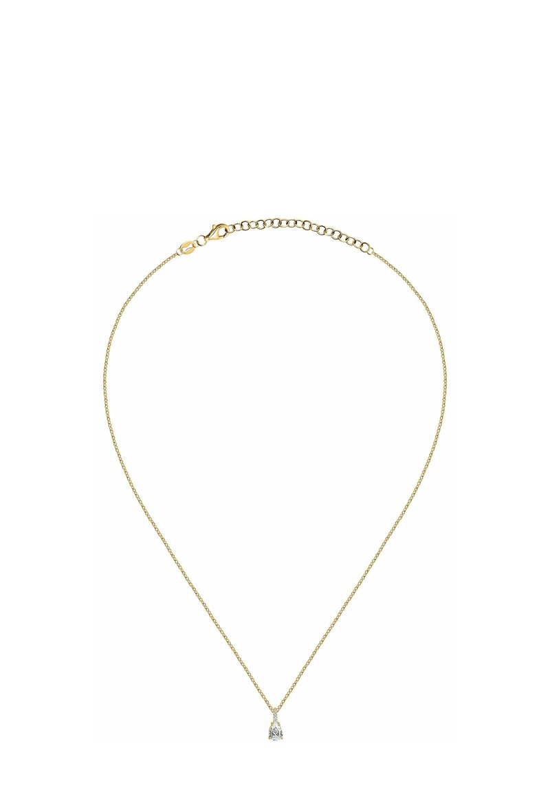 Delikat guldkæde med en lille dråbeformet klar ædelsten vedhæng og en justerbar lås.
