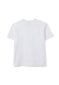 T-shirt bianca in cotone con maniche corte, scollatura a giro e orlo dritto. Il tessuto appare liscio e leggero, senza motivi visibili.