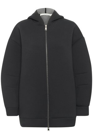 Veste à zip noir en tissu doux, dotée d'une capuche, de manches longues et de poignets côtelés. Elle présente un design simple et épuré, sans motifs.