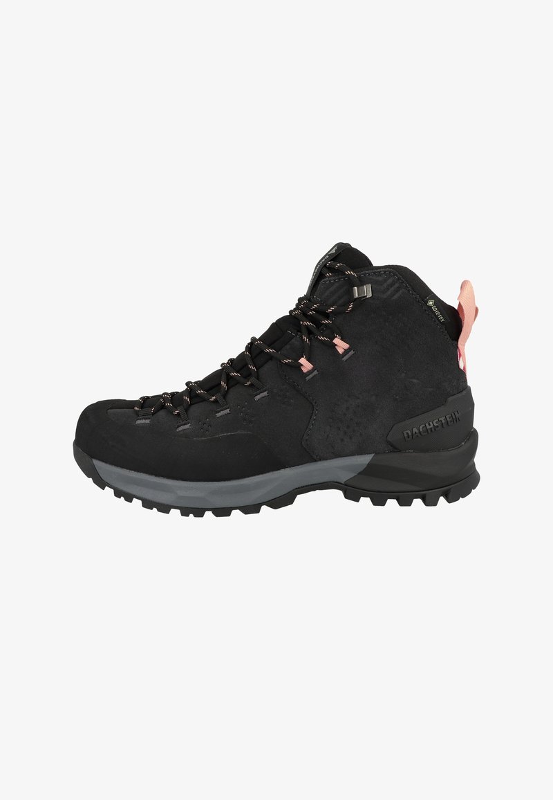 Botte de randonnée noire mi-hauteur avec languette rose, lacets à motifs, semelle robuste et étiquette Gore-Tex pour une protection imperméable.