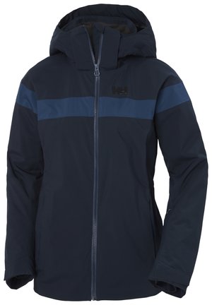 Navyblauwe geïsoleerde jas met capuchon, voorzien van een donkerblauwe horizontale streep over de borst en ritszakken aan de zijkanten.