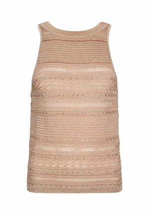 Top bej fără mâneci, tricotat, cu modele orizontale texturate și detalii subtile cu găurele pe toată suprafața.