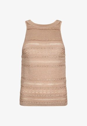 Top bej fără mâneci, tricotat, cu modele orizontale texturate și detalii subtile cu găurele pe toată suprafața.