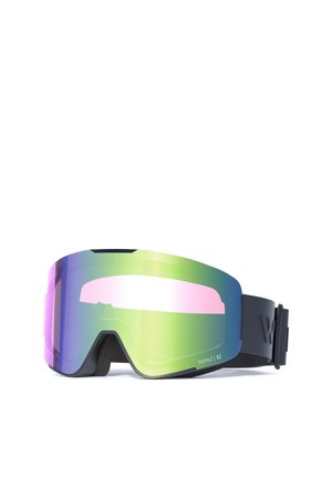 Skibrille mit gebogenem, farbigem Glas, das von Grün zu Pink verläuft. Schwarzer Riemen mit weißem Logodetail an der Seite.