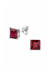 Pendientes de clip con piedras preciosas rojas de corte cuadrado, montados en metal de tono plateado, con un diseño de cuatro garras y un cierre de mariposa.