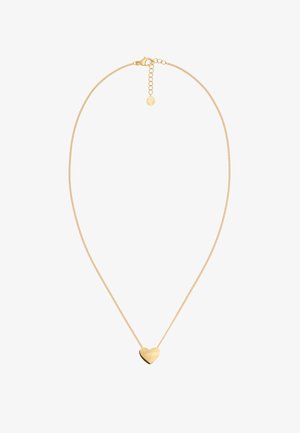 Collana in tono d'oro con una catena sottile e un pendente a forma di cuore lucido. Caratterizzata da una chiusura a molla e da una catena di estensione regolabile.