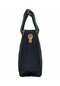 Borsa tote in tessuto nero con forma strutturata, caratterizzata da dettagli in pelle marrone e un anello in metallo dorato sul davanti.
