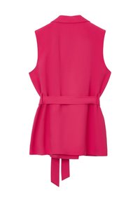 Fuchsia ärmelloses Oberteil mit kragenlosem Ausschnitt, tailliertem Bund und fließender Silhouette. Mit Rückenschnürung und glatter Stoffstruktur.