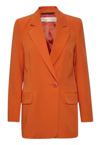 Oranžový přizpůsobený blazer s jedním knoflíkem, klopovými límci, dvěma předními kapsami a hladkou texturou. Podšívka je v kontrastní barvě.
