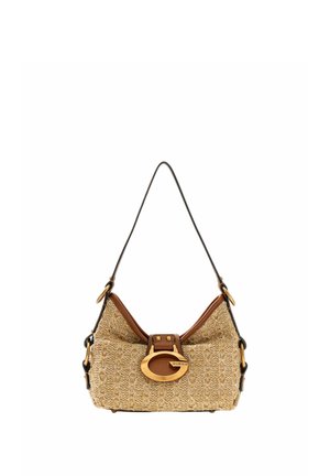 Petit sac bandoulière tissé beige avec garniture en cuir marron, boucle dorée avec logo Guess et fine sangle noire réglable.