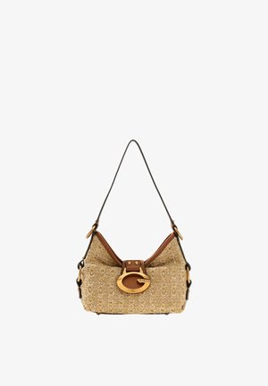 Petit sac bandoulière tissé beige avec garniture en cuir marron, boucle dorée avec logo Guess et fine sangle noire réglable.