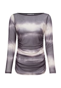 Long-sleeve top in sheer, lightweight fabric with a gray and cream tie-dye pattern. Features gather detail along the sides.