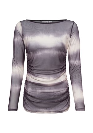 Long-sleeve top in sheer, lightweight fabric with a gray and cream tie-dye pattern. Features gather detail along the sides.