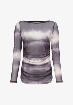 Long-sleeve top in sheer, lightweight fabric with a gray and cream tie-dye pattern. Features gather detail along the sides.