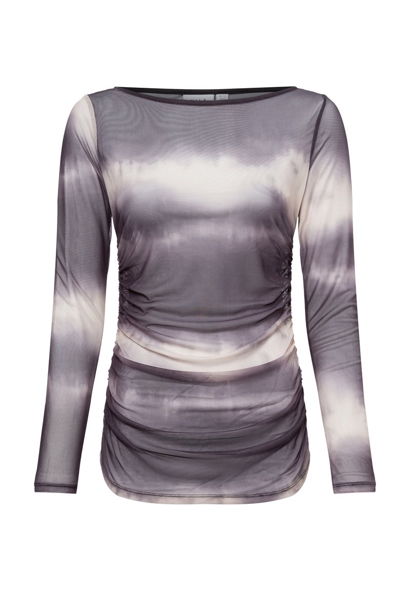 Long-sleeve top in sheer, lightweight fabric with a gray and cream tie-dye pattern. Features gather detail along the sides.