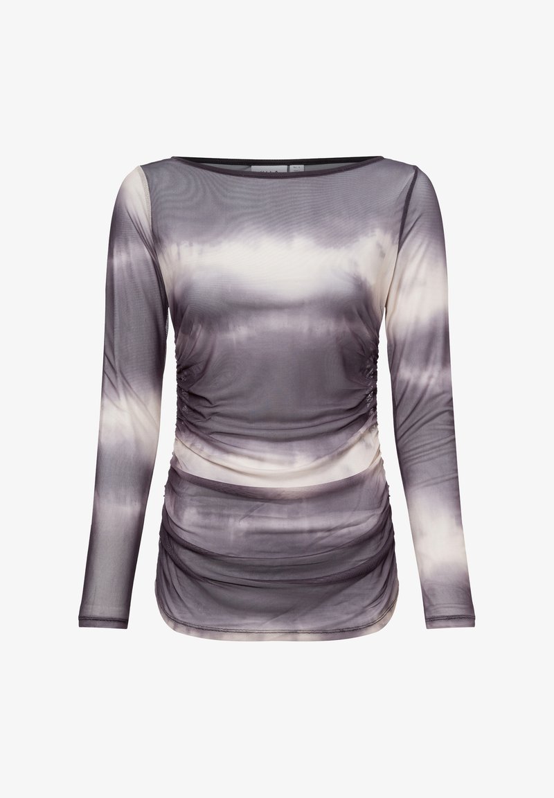 Langärmliges Oberteil aus transparentem, leichtem Stoff mit einem grau- und cremefarbenen Batikmuster. Verfügt über Raffungen an den Seiten.