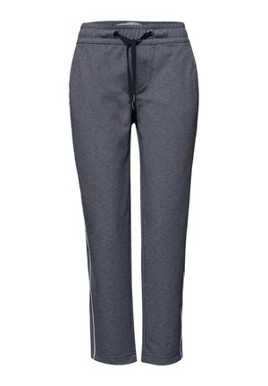 Pantalones jogger gris oscuro con cintura elástica, cordón negro y franjas laterales blancas, mostrados sobre un fondo blanco.
