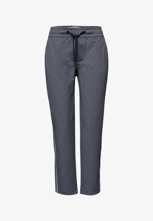 Pantalon de jogging gris foncé avec taille élastique, cordon de serrage noir et bandes blanches sur les côtés, présenté sur un fond blanc.