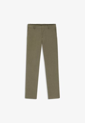 Olivgrüne Hose mit geripptem Muster, ausgestattet mit einem elastischen Bund und Seitentaschen. Gerades Bein-Design, keine sichtbaren Verschlüsse.