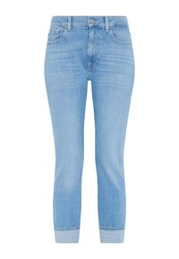 Jeans in denim azzurro chiaro con taglio dritto, vita media e orli arrotolati. Presenta cinque tasche e bottoni in tono argento.