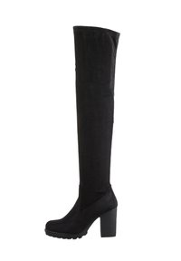 Stivali neri sopra il ginocchio in suede con tacco chunky e upper texturizzato, caratterizzati da una finitura liscia e un design aderente.