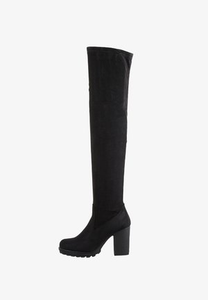 Bottes noires au-dessus du genou en daim avec un talon épais et une tige texturée, présentant une finition lisse et un design ajusté.