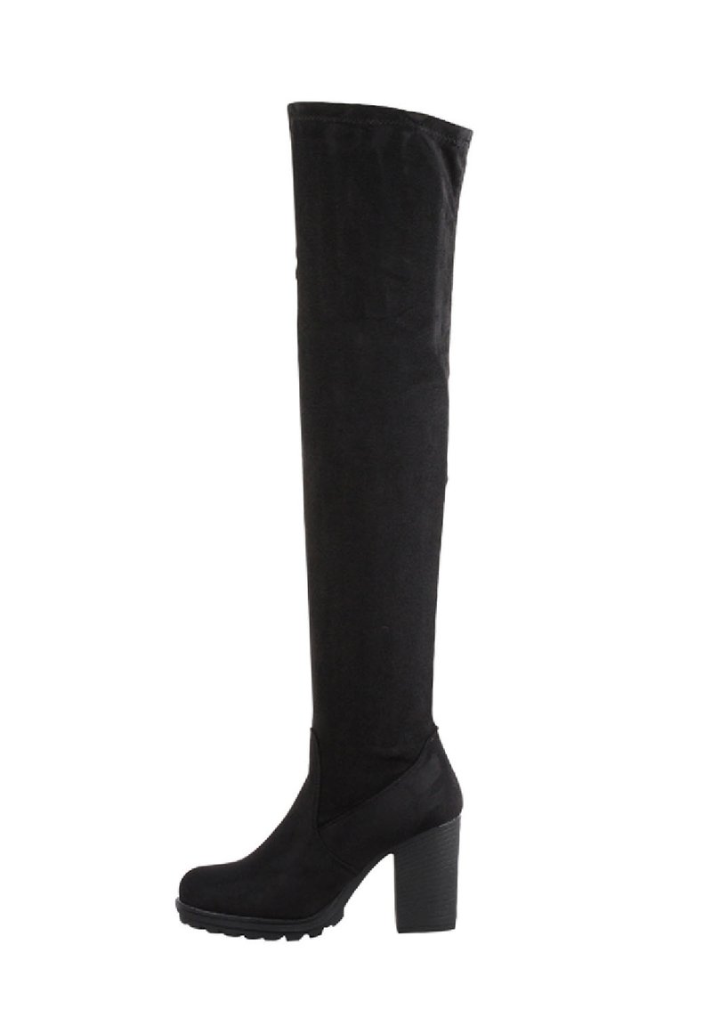 Stivali neri sopra il ginocchio in suede con tacco chunky e upper texturizzato, caratterizzati da una finitura liscia e un design aderente.