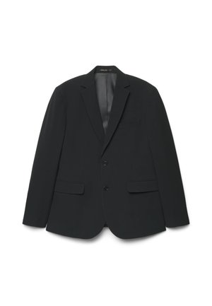 Blazer noir à deux boutons avec revers crantés, poches avant à rabat et poche poitrine, présenté sur fond blanc.