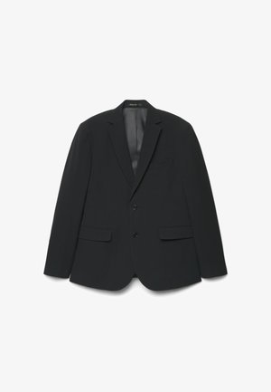 Blazer noir à deux boutons avec revers crantés, poches avant à rabat et poche poitrine, présenté sur fond blanc.