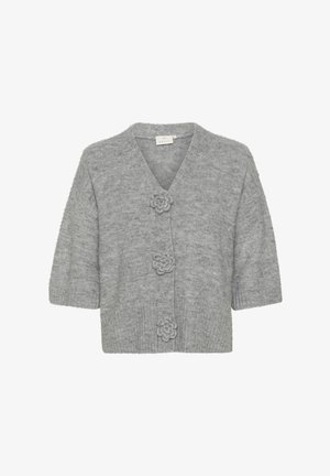 Grey knitted cardigan with short sleeves, V-neck, and three floral buttons down the front. Soft, textured material with ribbed hem.