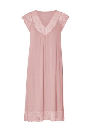 Lyserød natkjole med spidse kanter, korte cap sleeves, V-udskæring og afslappet pasform, lavet af blødt stof for komfort og bevægelsesfrihed.