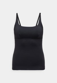 Fekete camisole vékony pántokkal, sima felülettel, testhez álló fazonnal és négyzet alakú nyakkivágással; rugalmas, könnyű anyagból készült.