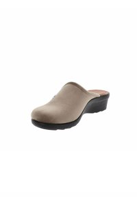 Zoccolo beige slip-on realizzato in morbido suede con suola in gomma nera sagomata. Presenta una punta arrotondata e dettagli di cucitura sottili.