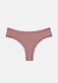 Cueca fio dental de renda rosa com bordas onduladas, material suave e textura lisa. Cobertura mínima com um design delicado.