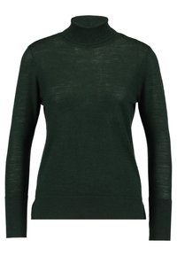 Dunkelgrüner, leichter Rollkragenpullover aus feinem Strickmaterial; verfügt über lange Ärmel und ein tailliertes Design mit geripptem Saum.