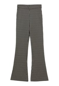 Pantalon noir évasé avec un motif géométrique texturé en beige. Présente une taille élastique pour plus de confort et un design épuré.