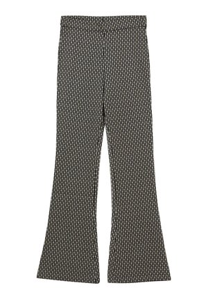 Pantaloni neri a flared con un motivo geometrico testurizzato in beige. Presentano una vita elastica per il comfort e un design slanciato.