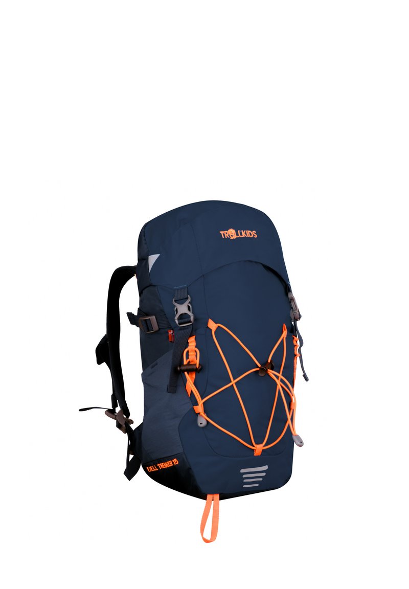 Navy backpack with orange accents, adjustable straps, front elastic bungee, and bottom reflective accents. Suitable for outdoor activities.