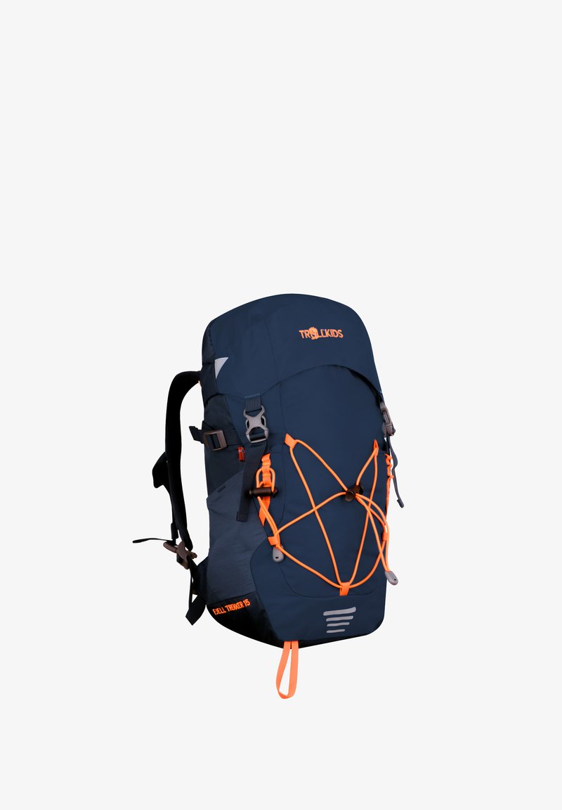 Laatikko selkäreppu, jossa oranssit yksityiskohdat, säädettävät hihnat, etuosan elastinen bungee ja pohjan heijastavat yksityiskohdat. Sopii ulkoilma-aktiviteetteihin.