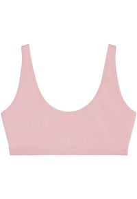 Lichtroze, katoenen bralette met een ruime halslijn, dunne schouderbandjes en een gladde textuur. Geen beugel, met subtiele merkletters aan de zoom.