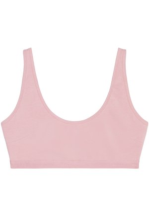 Lichtroze, katoenen bralette met een ruime halslijn, dunne schouderbandjes en een gladde textuur. Geen beugel, met subtiele merkletters aan de zoom.