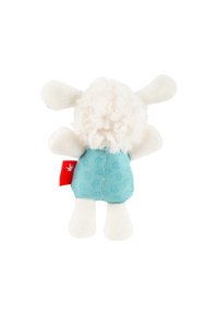 Stuffed sheep with a fluffy white body, blue patterned fabric overalls, and soft ears. Features a small red tag on the side.